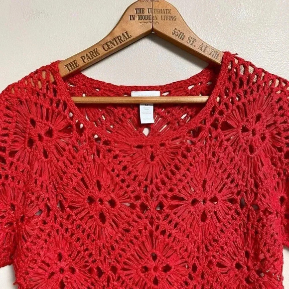 Chico’s Red Crochet Fringe Top Boho Festival Vacation Knit Blouse Size 0 Small - Picture 3 of 11